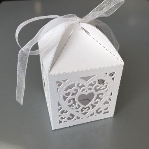 10 Heart Filigree Boxes - Pearl White